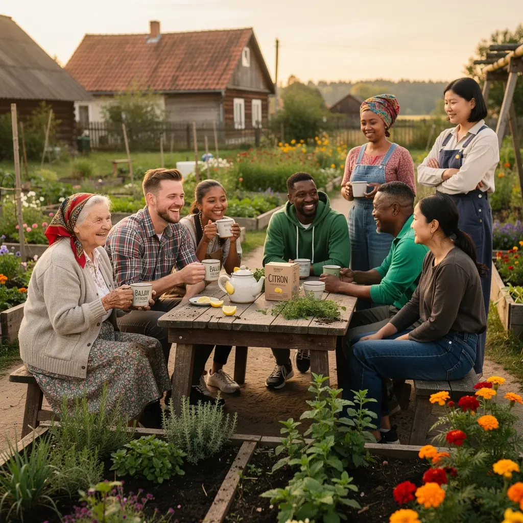 Puodelis karštos Balady Citron arbatos, garuojantis ir kvapnus, pastatytas ant medinio stalo.